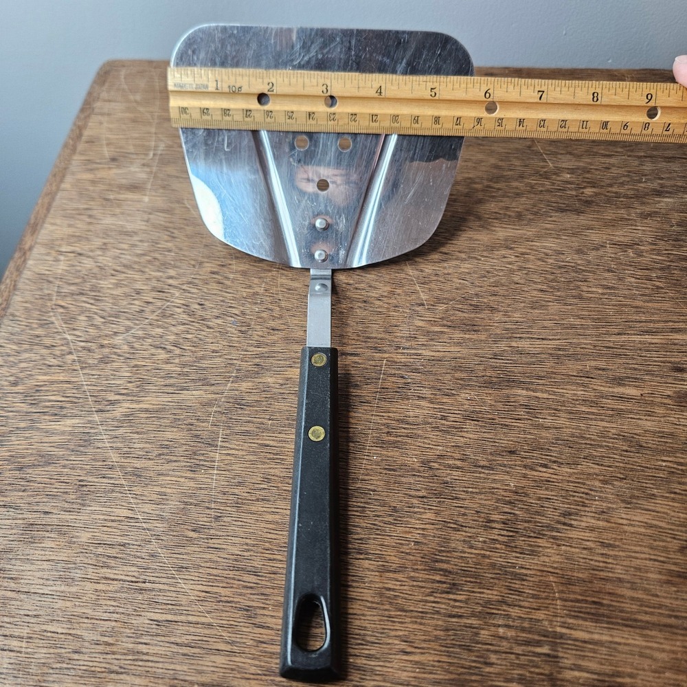 Vintage Stainless Steel Wide Slotted Spatula Turner Japan Offset Black Handle - Picture 3 of 4